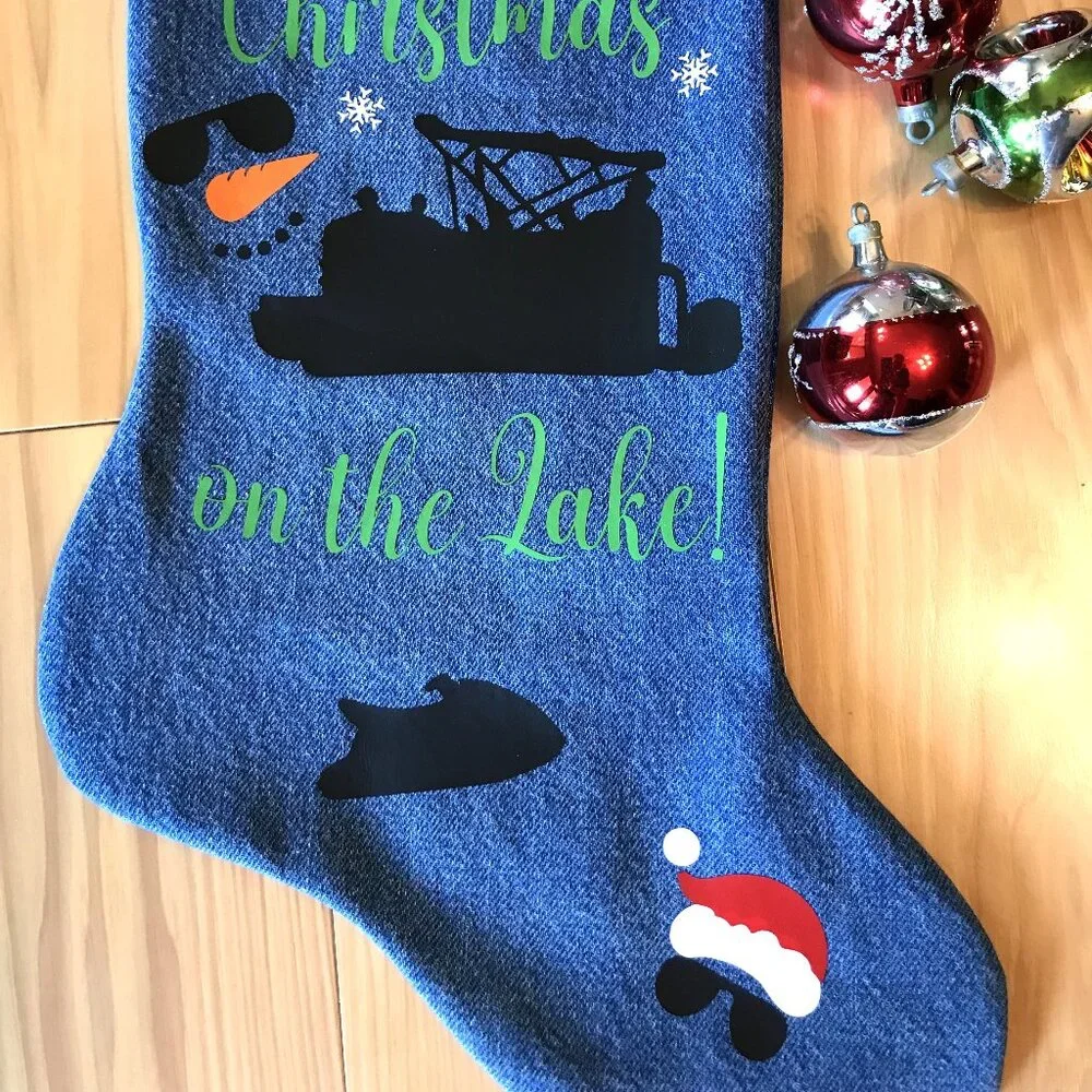 Denim Christmas Stocking, Lake House Fishing Decor Pontoon Boat Jet Ski Graphic